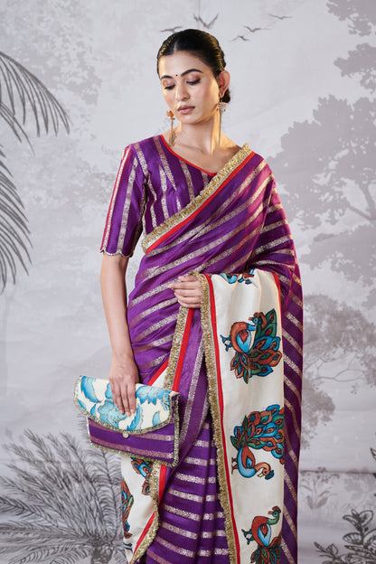 Purple Peacock Hand-Painted Kalamkari Saree Set