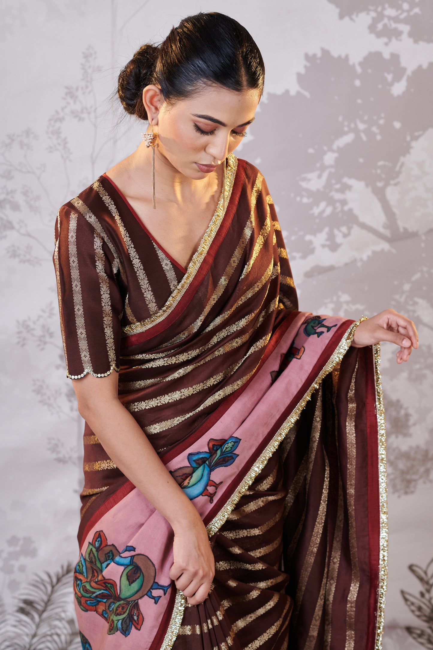 Brown Peacock Hand-Painted Kalamkari Saree Set