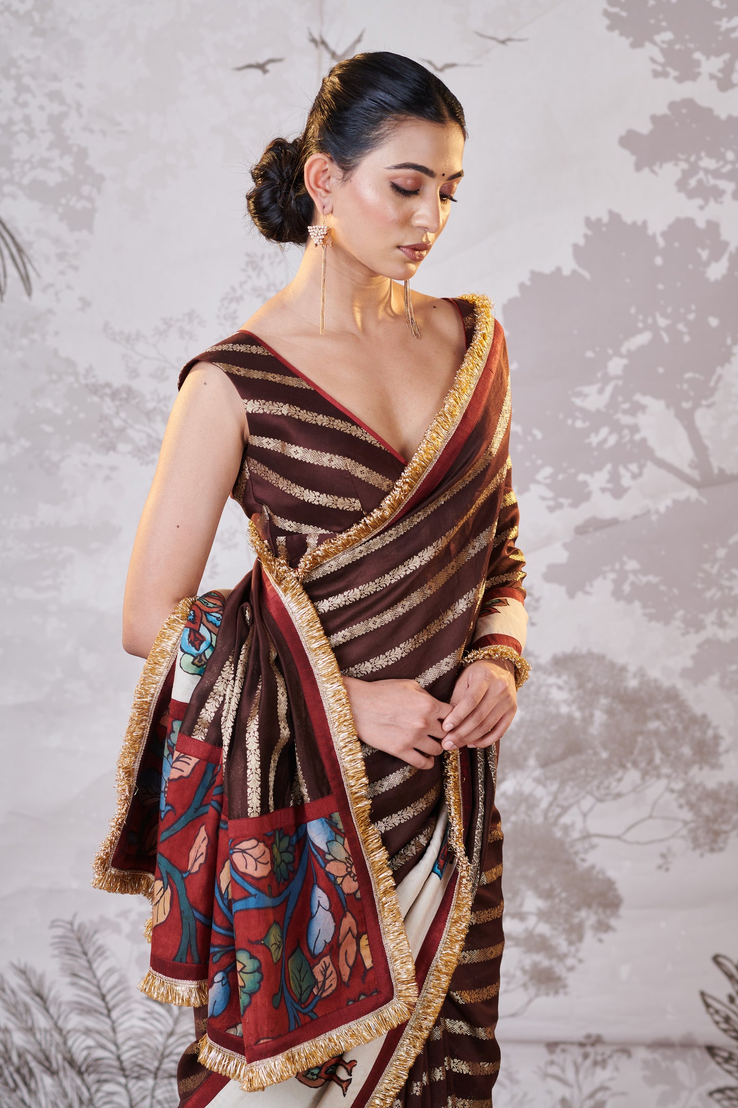 Brown Peacock Hand-Painted Kalamkari Saree Set