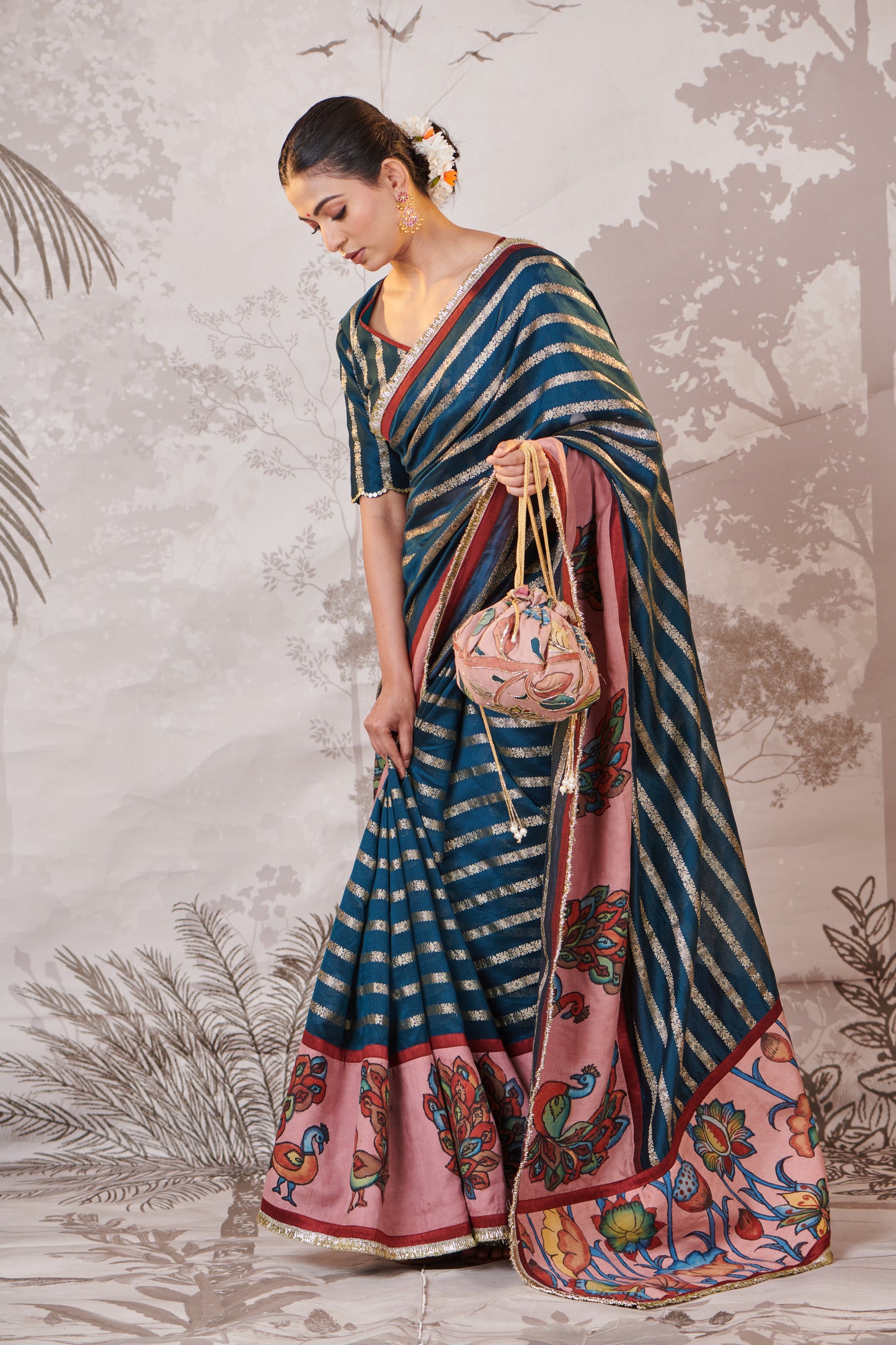 Peacock-Blue Peacock Hand-Painted Kalamkari Saree Set