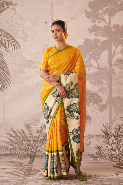 Yellow Peacock Hand-Painted Kalamkari Saree Set