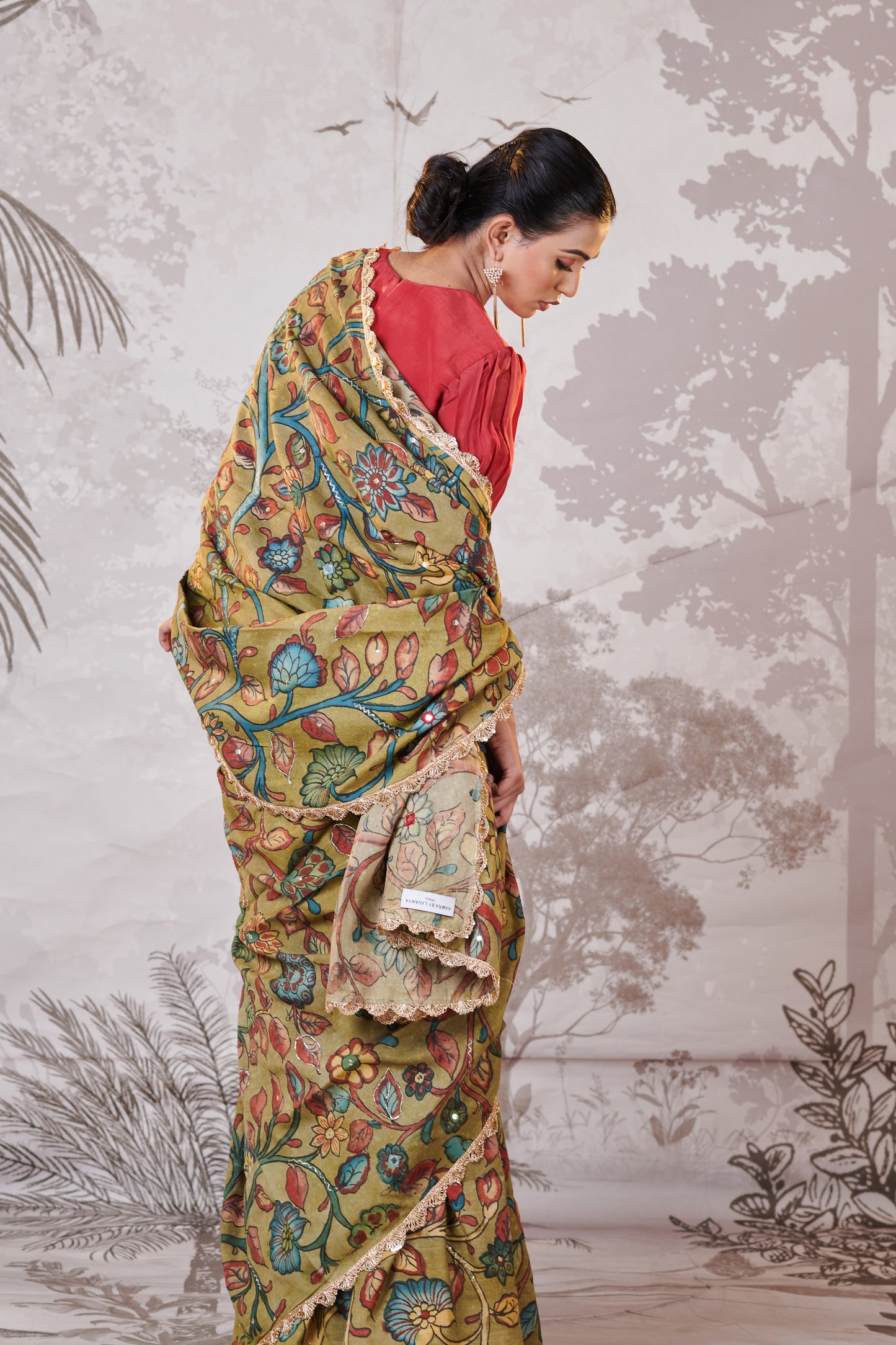 Olive-Green Hand-Painted Kalamkari Saree Set