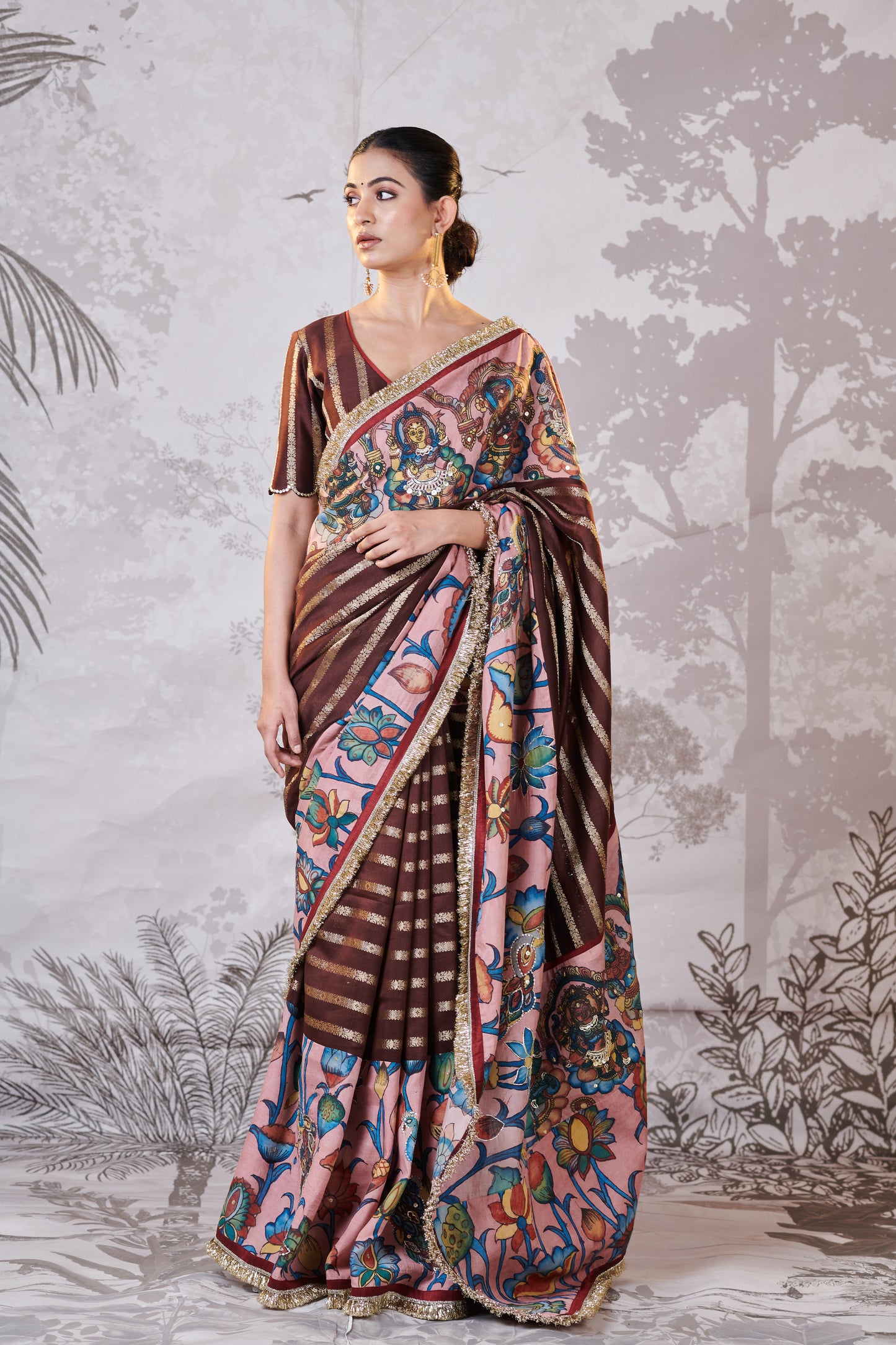 Brown Ashta-Lakshmi Hand-Painted Kalamkari Saree Set