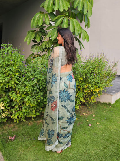 Ice-Blue Floral Kalamkari Saree