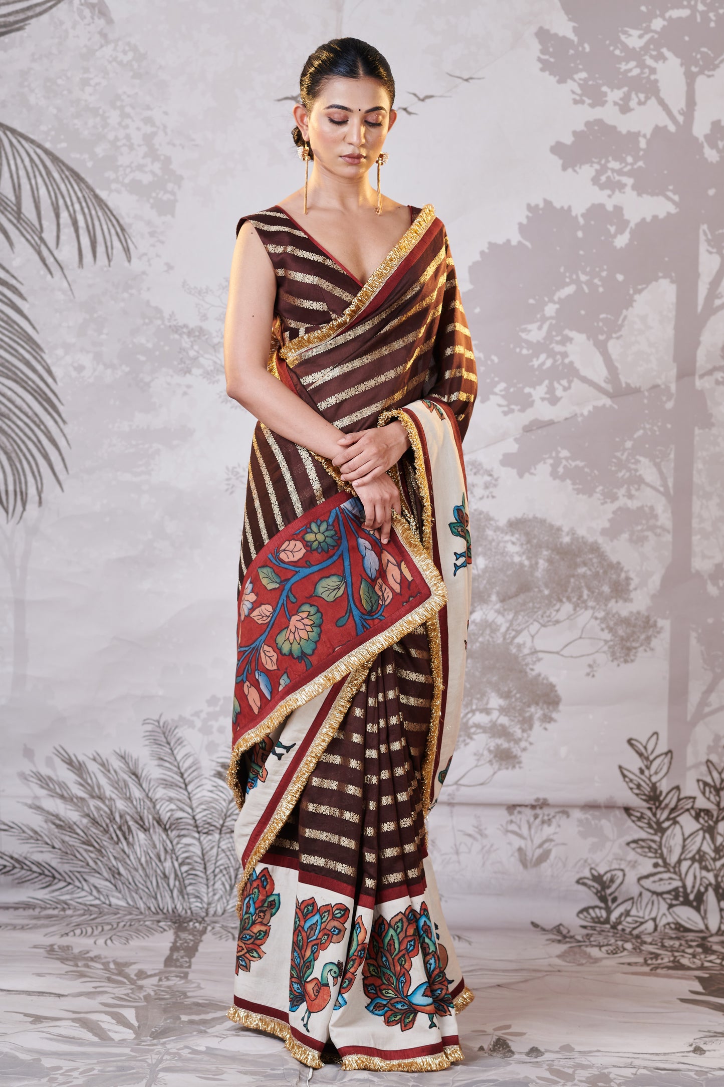 Brown Peacock Hand-Painted Kalamkari Saree Set