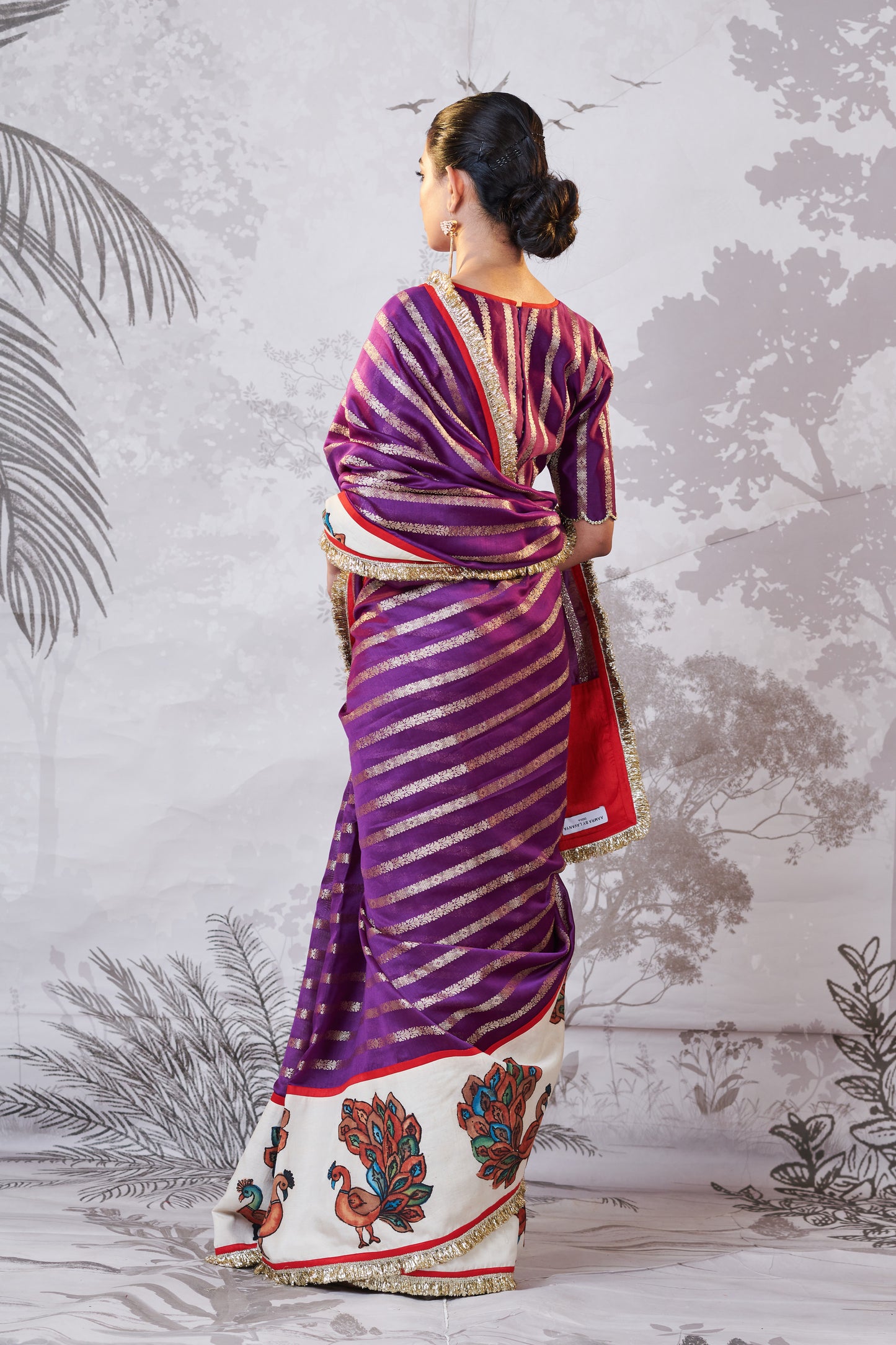 Purple Peacock Hand-Painted Kalamkari Saree Set