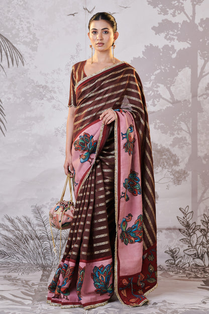 Brown Peacock Hand-Painted Kalamkari Saree Set