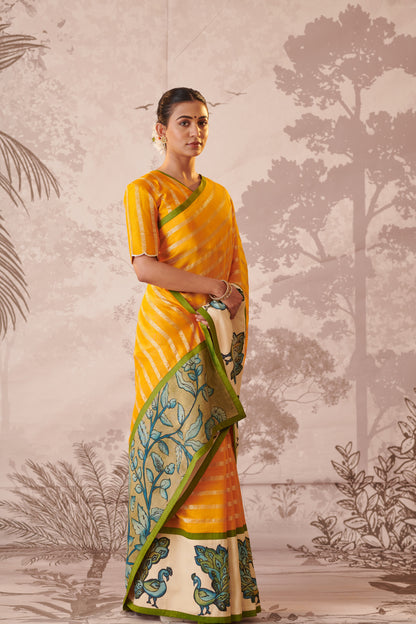 Yellow Peacock Hand-Painted Kalamkari Saree Set