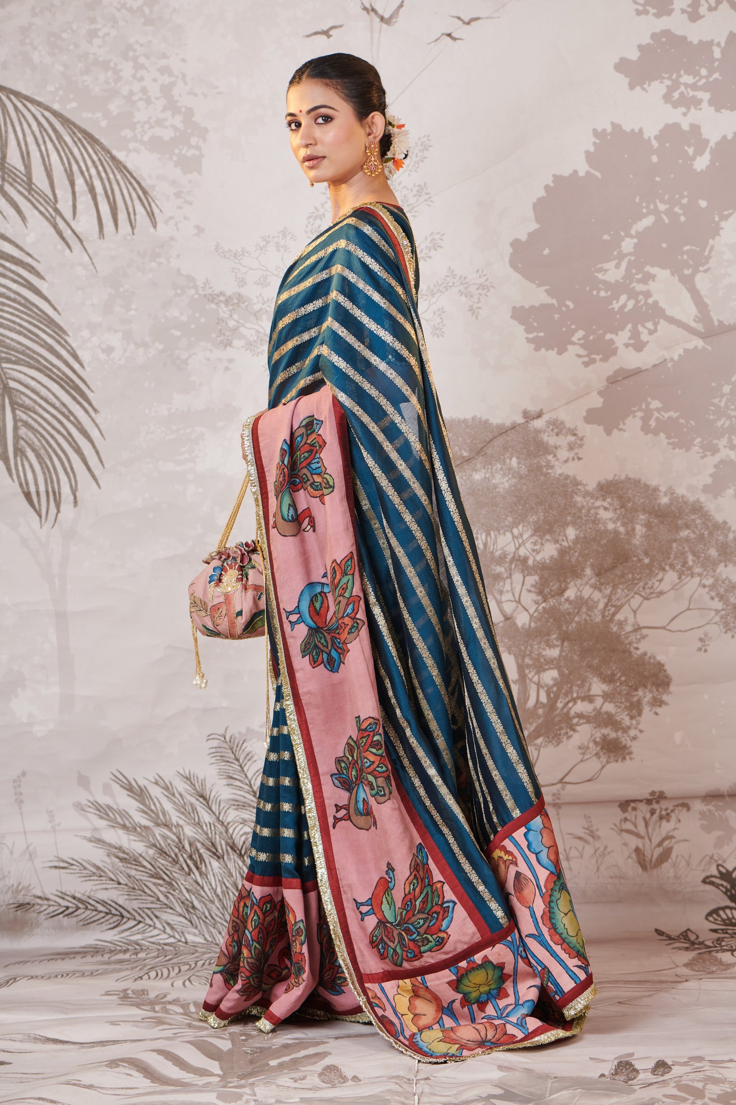 Peacock-Blue Peacock Hand-Painted Kalamkari Saree Set