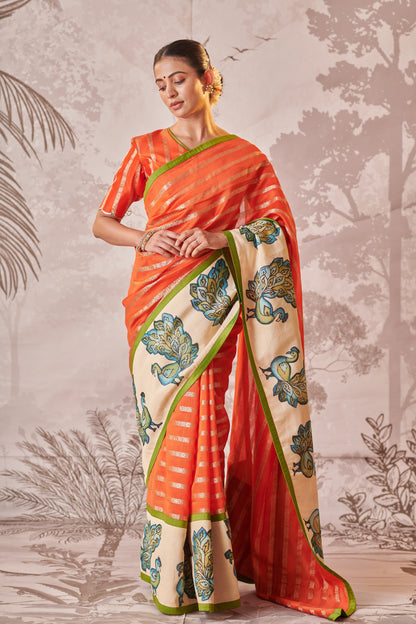 Tangerine Orange Peacock Hand-Painted Kalamkari Saree Set