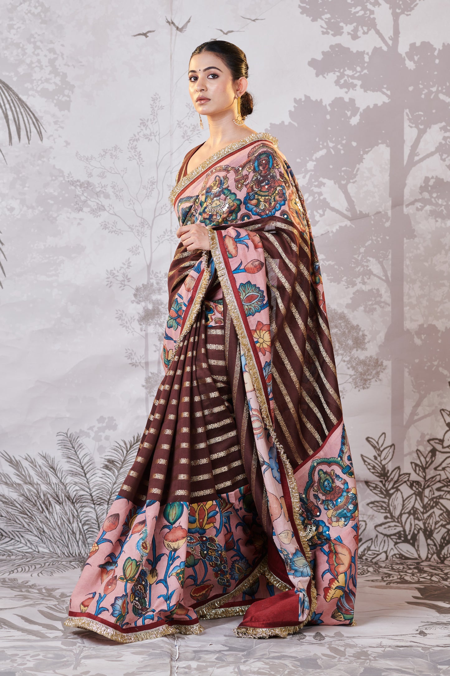 Brown Ashta-Lakshmi Hand-Painted Kalamkari Saree Set