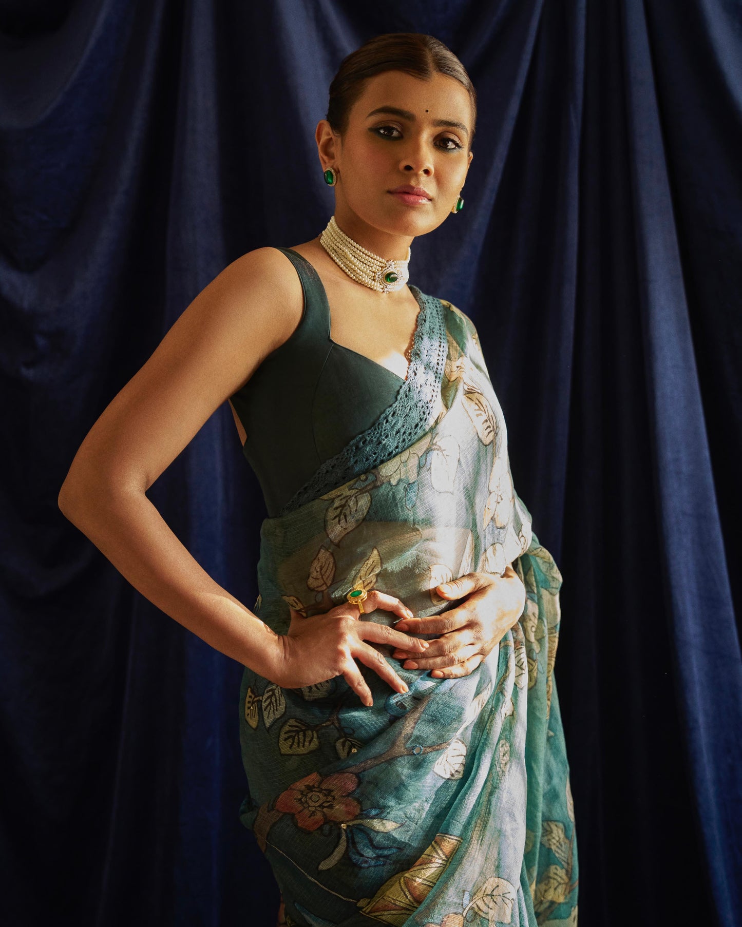 Ramagreen bird cage Hand-Painted Kalamkari Saree Set