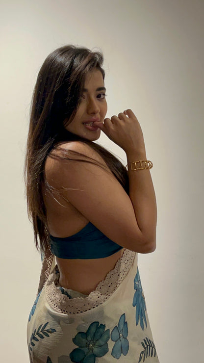Ivory Floral Kalamkari Saree Set