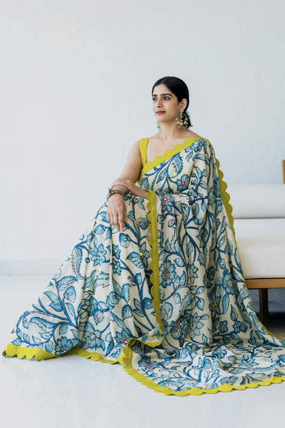 Ivory Blue Hand-Painted Kalamkari Saree Set