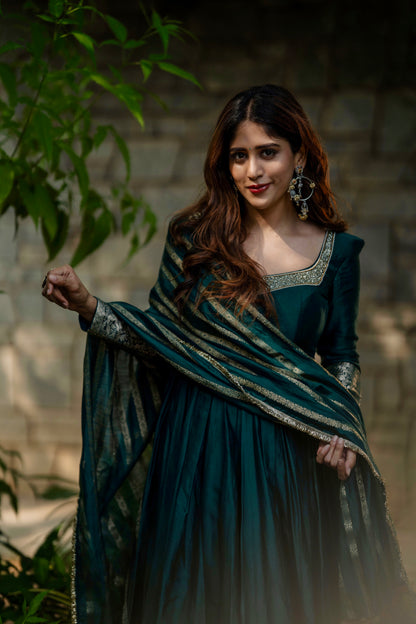 Ramagreen Hand Embroidered Anarkali Set With Kalamkari Detailing