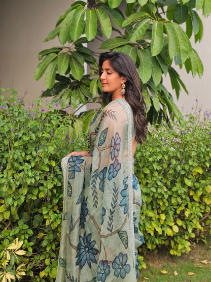 Ice-Blue Floral Kalamkari Saree