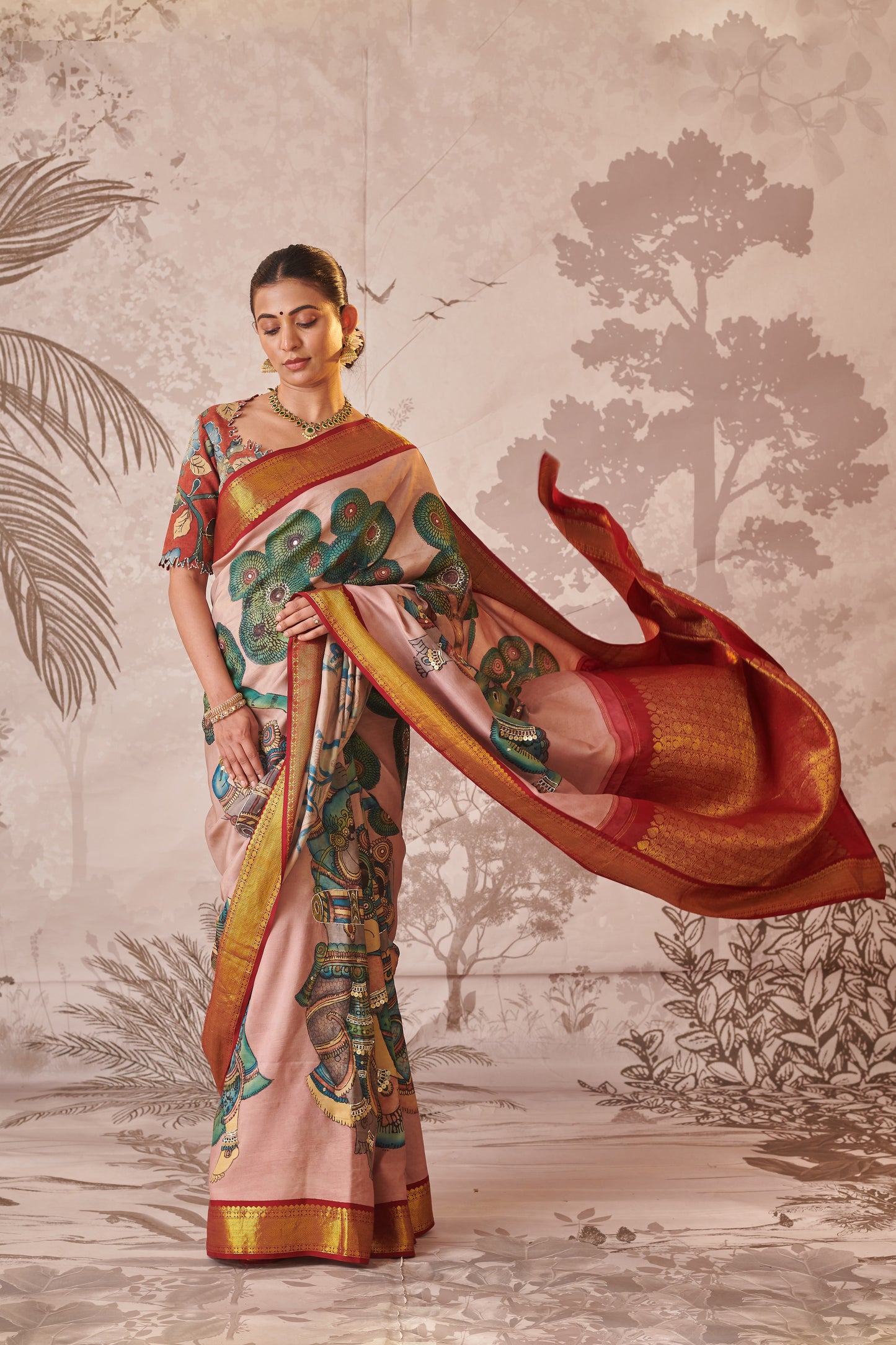 Hand-Painted Kalamkari Kanjeevaram Natyam Themed Saree