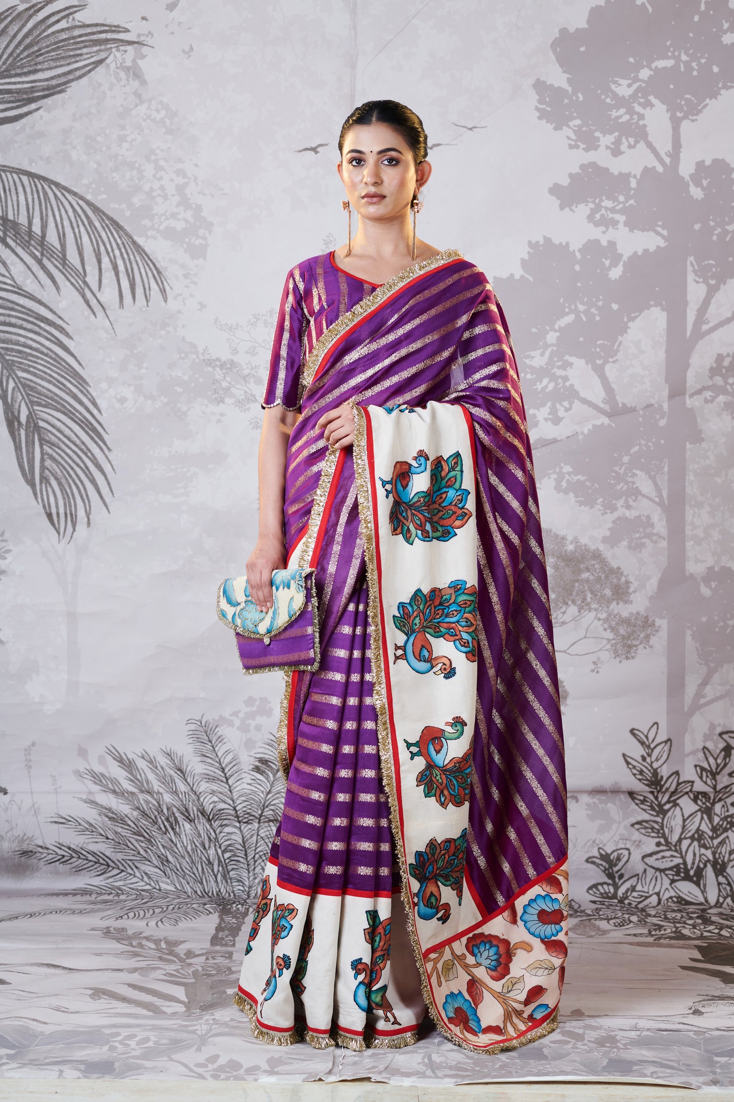 Purple Peacock Hand-Painted Kalamkari Saree Set