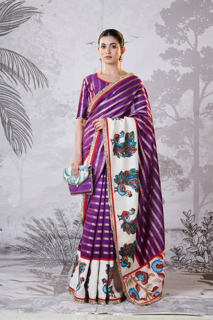 Purple Peacock Hand-Painted Kalamkari Saree Set