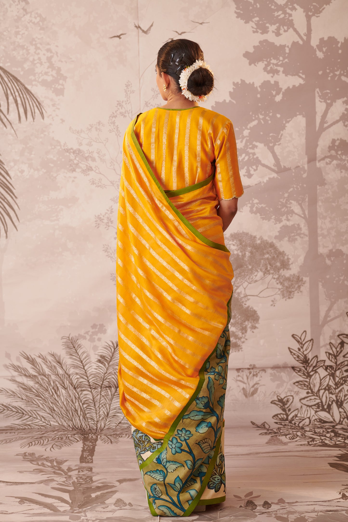 Yellow Peacock Hand-Painted Kalamkari Saree Set