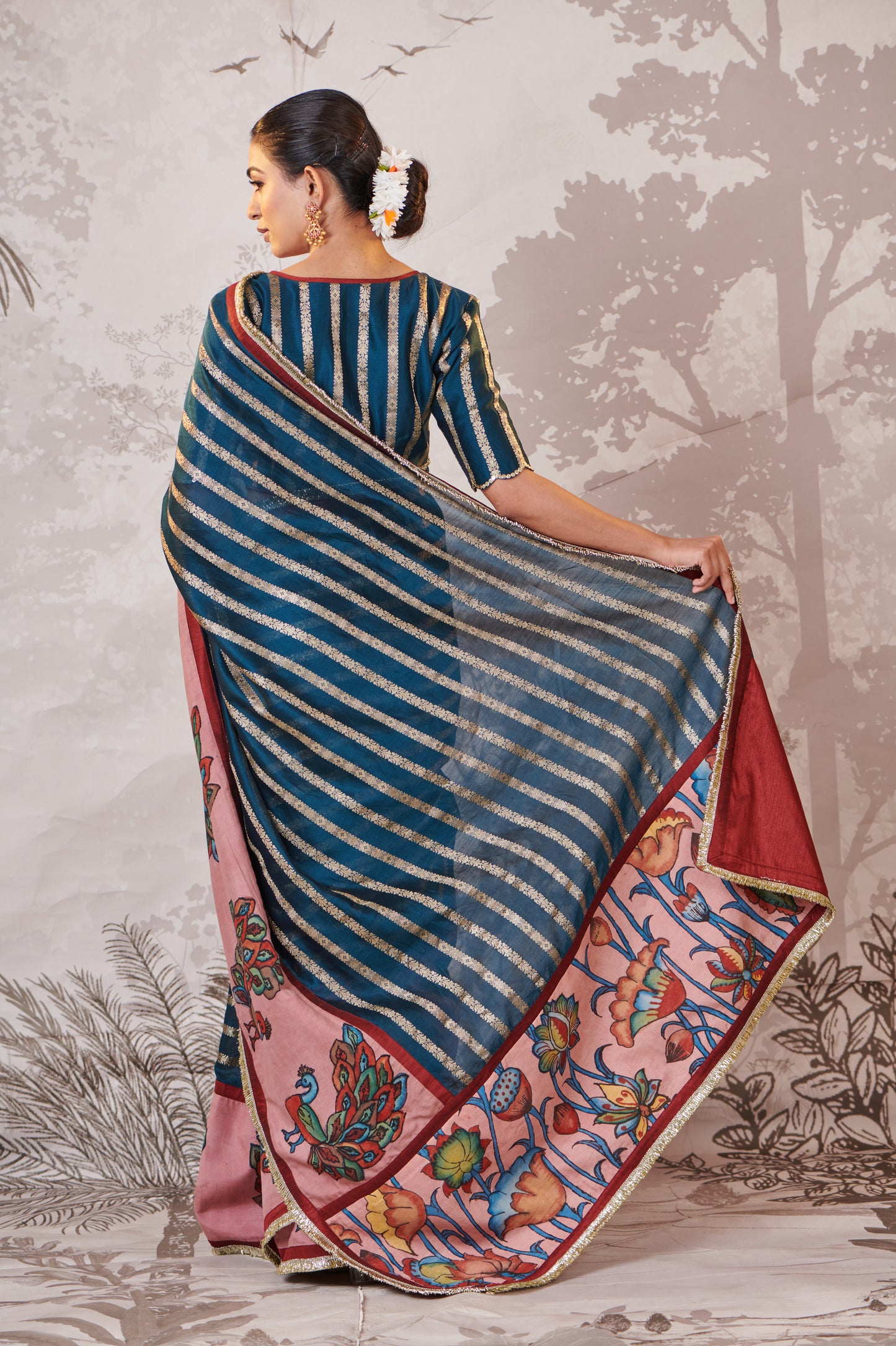 Peacock-Blue Peacock Hand-Painted Kalamkari Saree Set