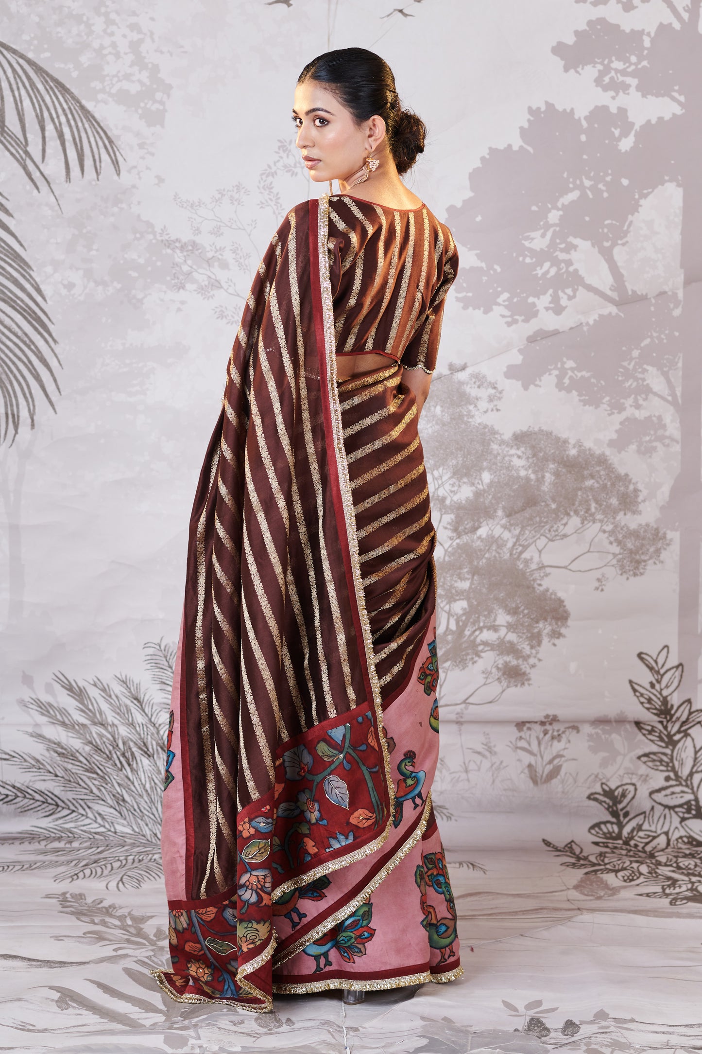 Brown Peacock Hand-Painted Kalamkari Saree Set