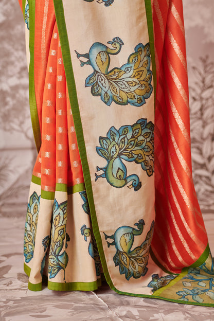 Tangerine Orange Peacock Hand-Painted Kalamkari Saree Set