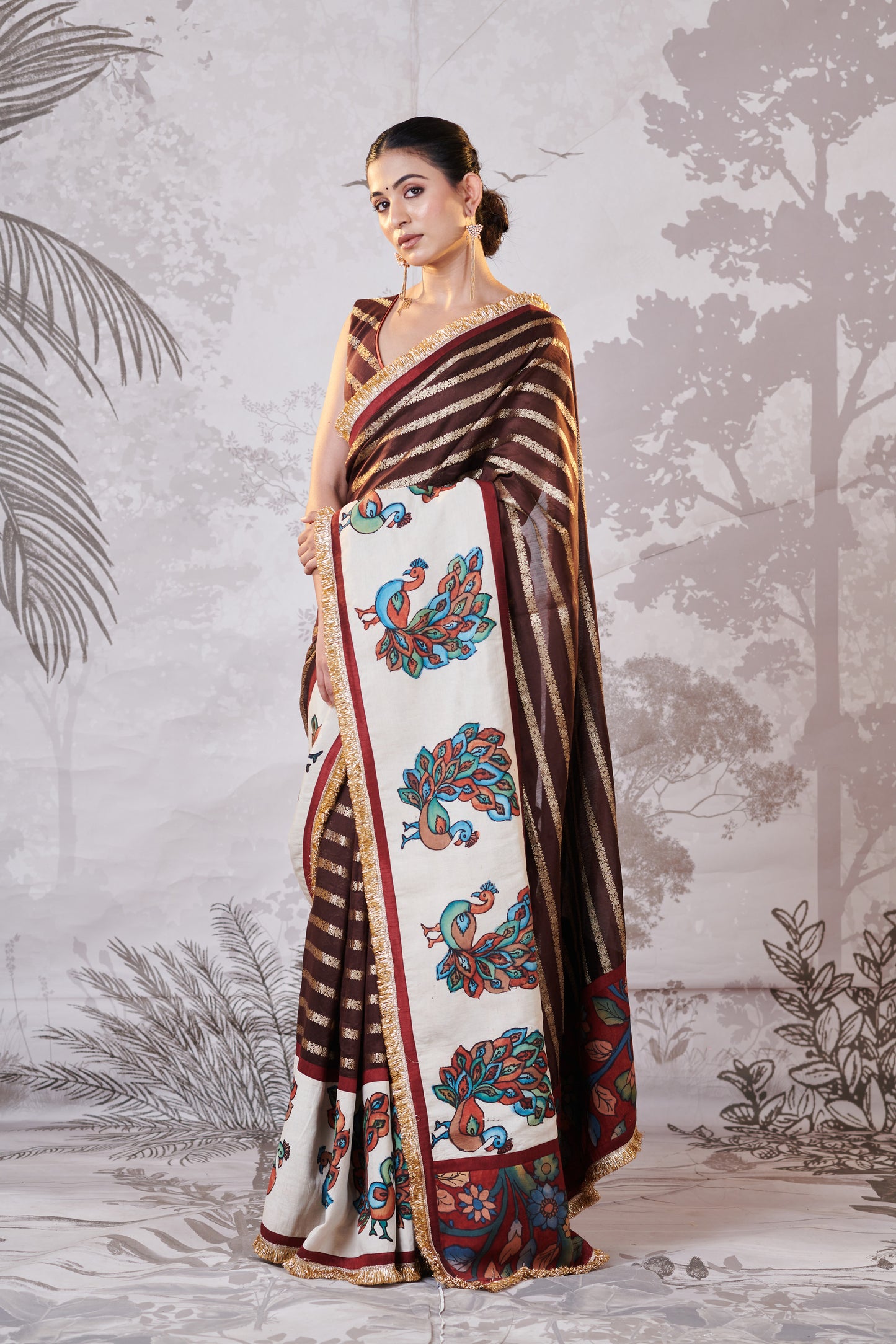 Brown Peacock Hand-Painted Kalamkari Saree Set