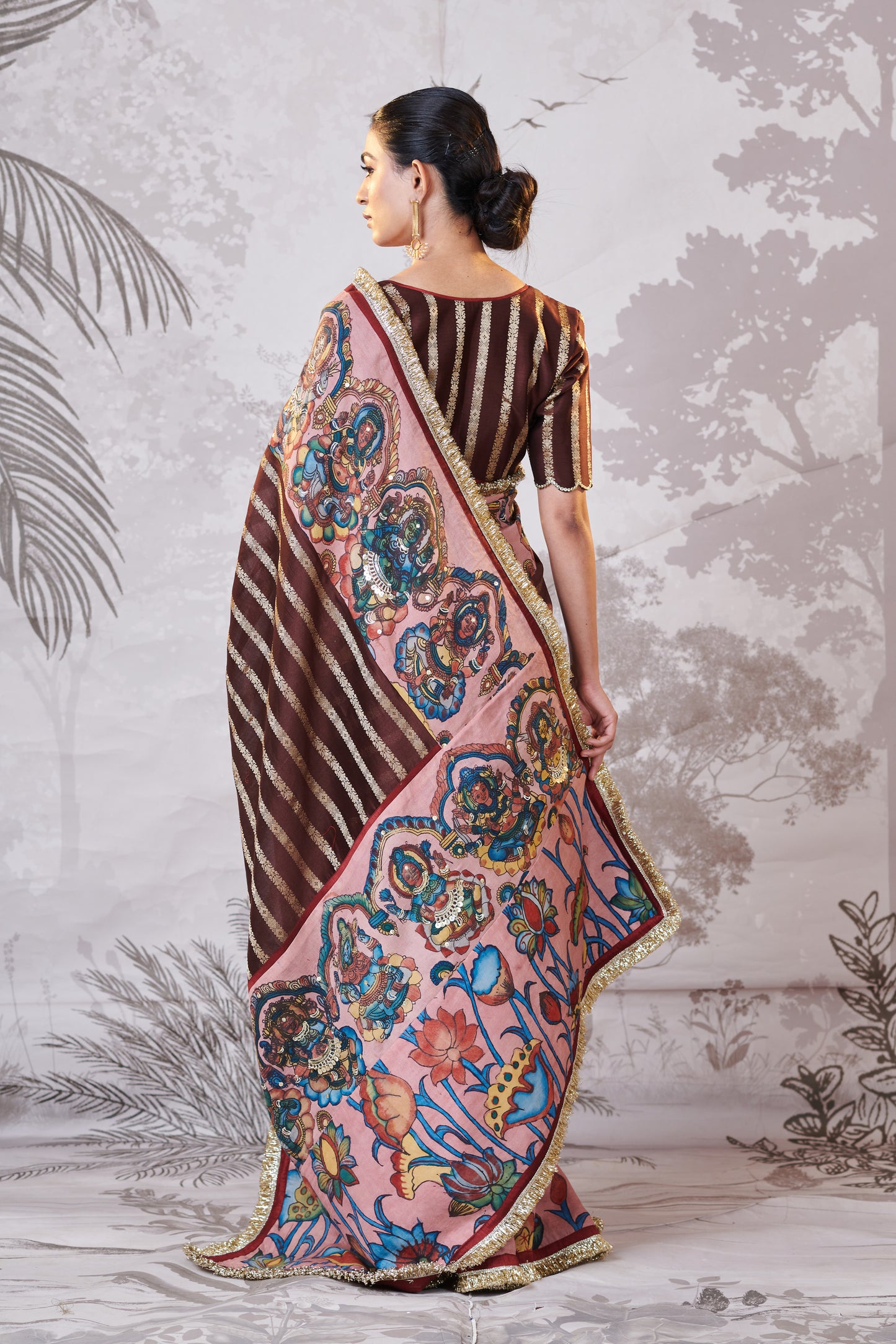 Brown Ashta-Lakshmi Hand-Painted Kalamkari Saree Set