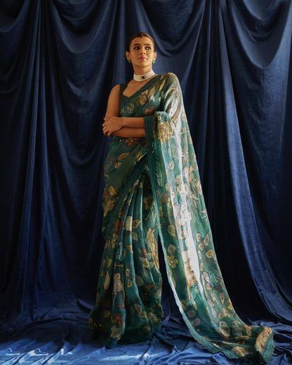 Ramagreen bird cage Hand-Painted Kalamkari Saree Set
