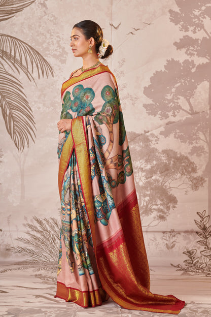 Hand-Painted Kalamkari Kanjeevaram Natyam Themed Saree