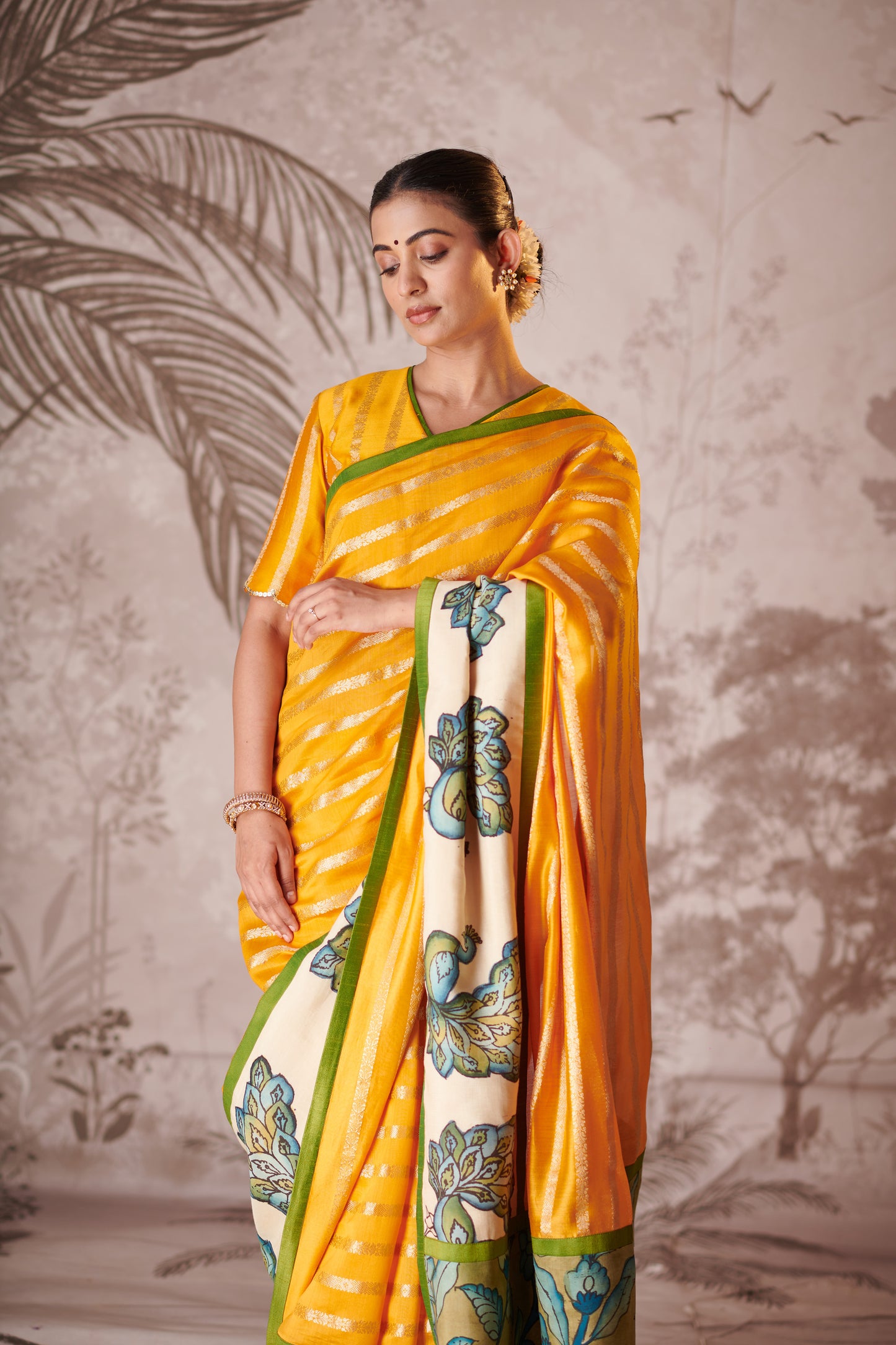 Yellow Peacock Hand-Painted Kalamkari Saree Set