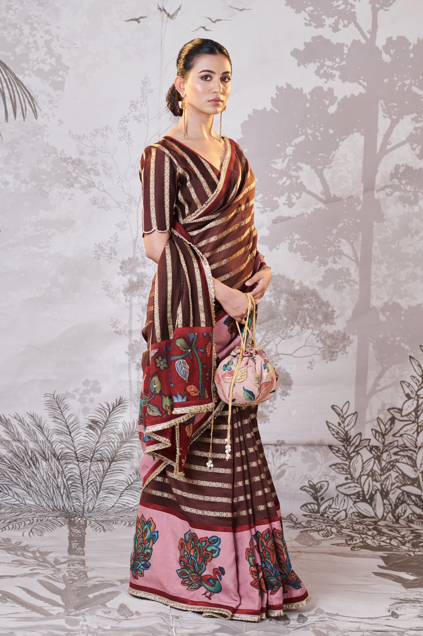 Brown Peacock Hand-Painted Kalamkari Saree Set