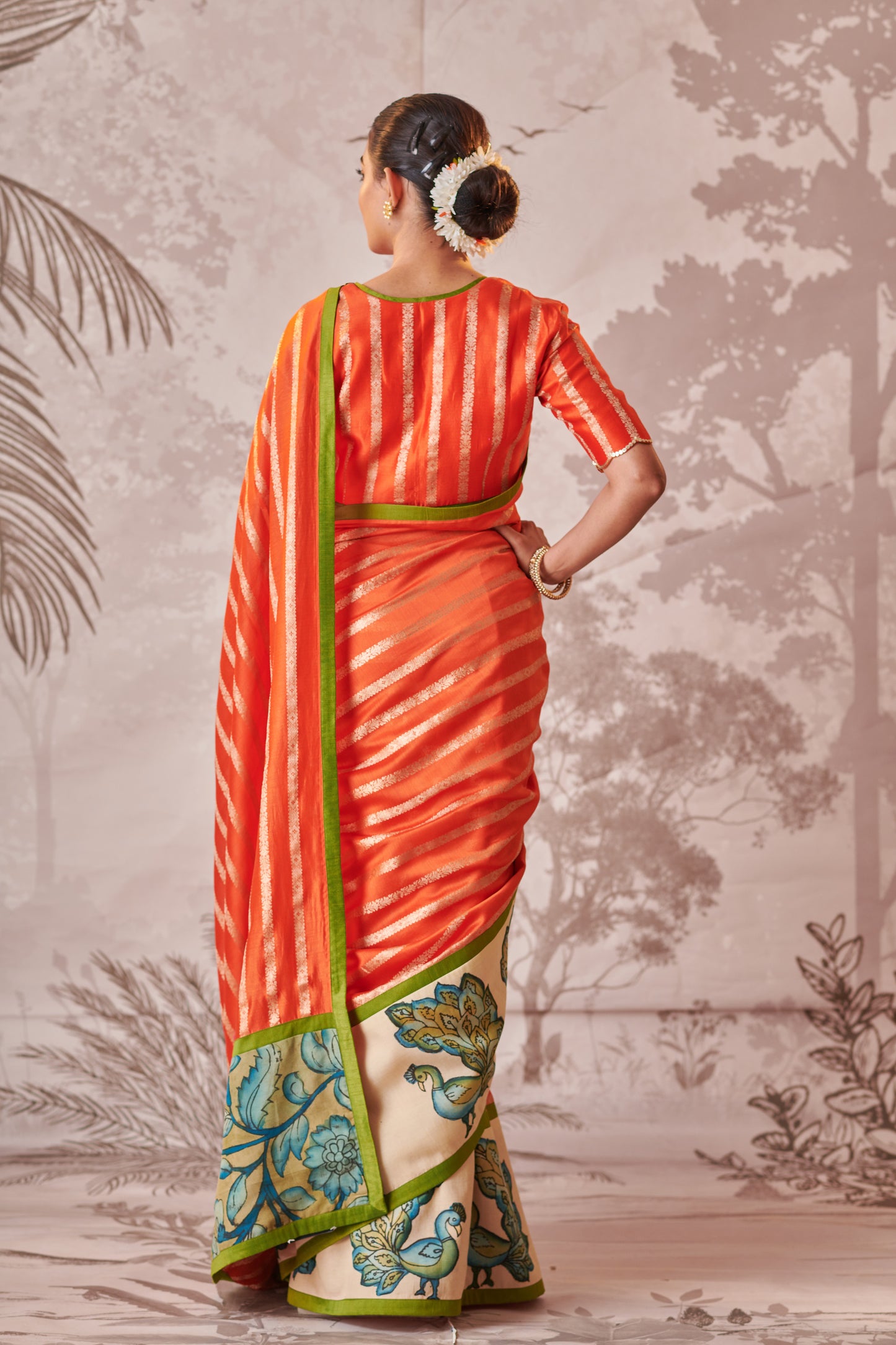 Tangerine Orange Peacock Hand-Painted Kalamkari Saree Set