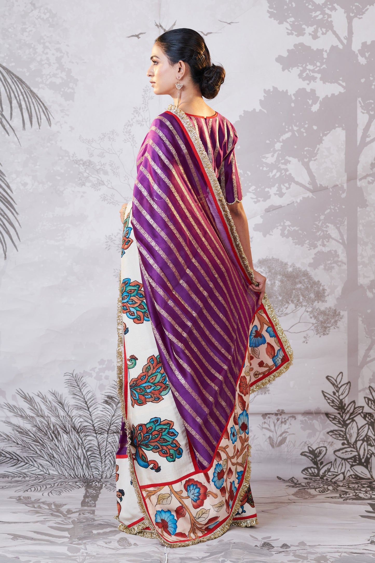 Purple Peacock Hand-Painted Kalamkari Saree Set