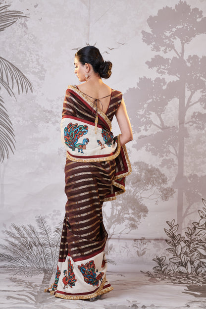 Brown Peacock Hand-Painted Kalamkari Saree Set