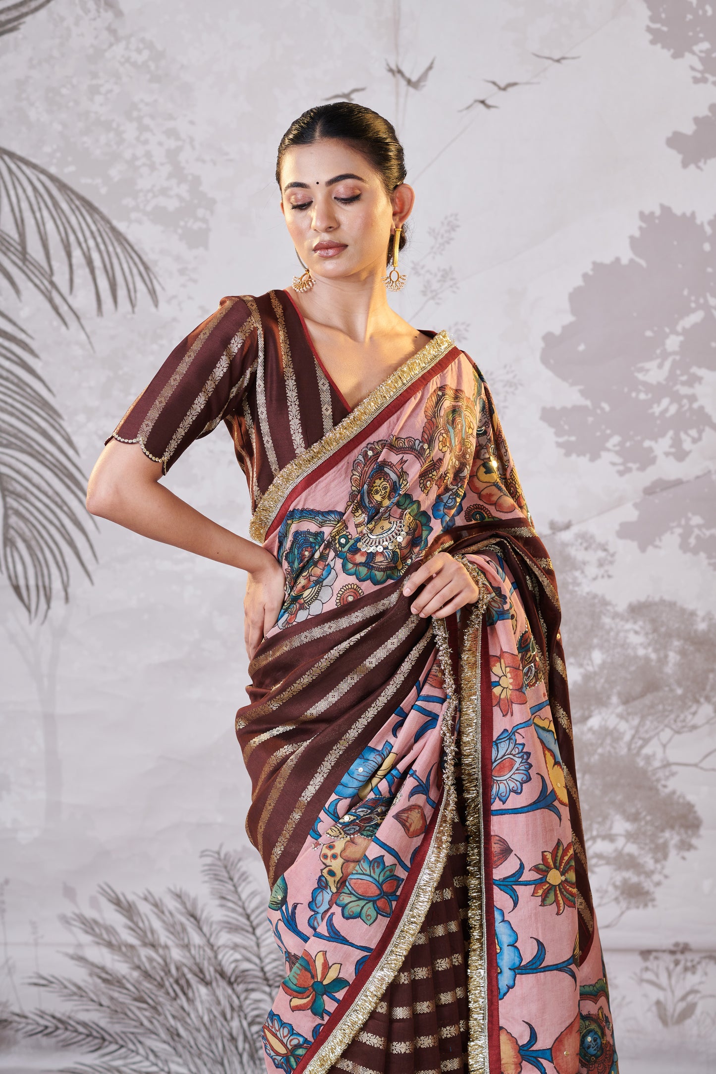 Brown Ashta-Lakshmi Hand-Painted Kalamkari Saree Set