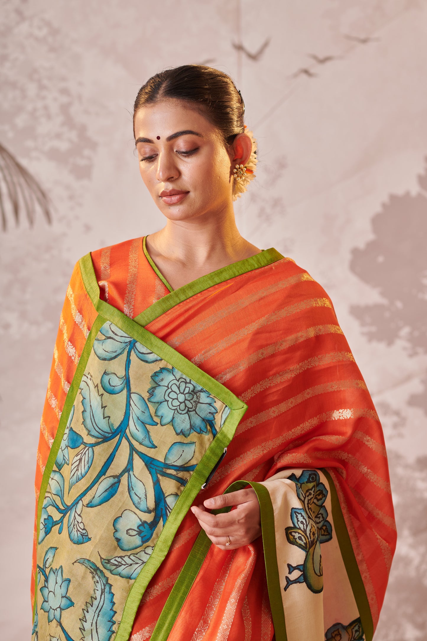 Tangerine Orange Peacock Hand-Painted Kalamkari Saree Set