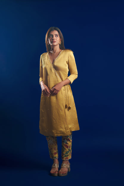 Oakre-Yellow Embroidered Kalamkari Pants With Embroidered Wrap Tunic