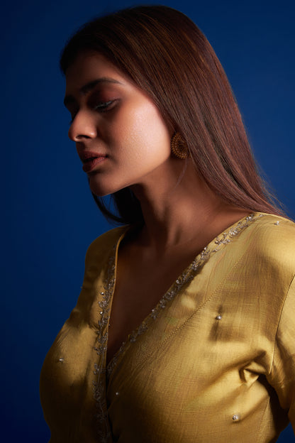 Oakre-Yellow Embroidered Kalamkari Pants With Embroidered Wrap Tunic