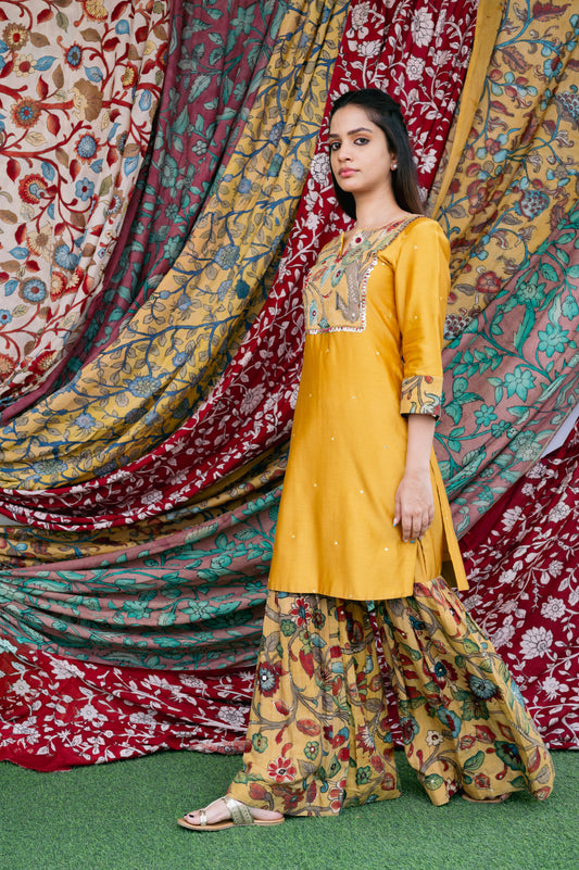 Oakre-Yellow Kalamkari Sharara Set