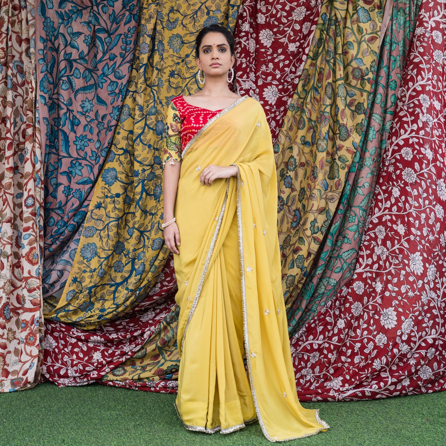 Yellow Crape Saree Set With Embroidered Floral Motifs