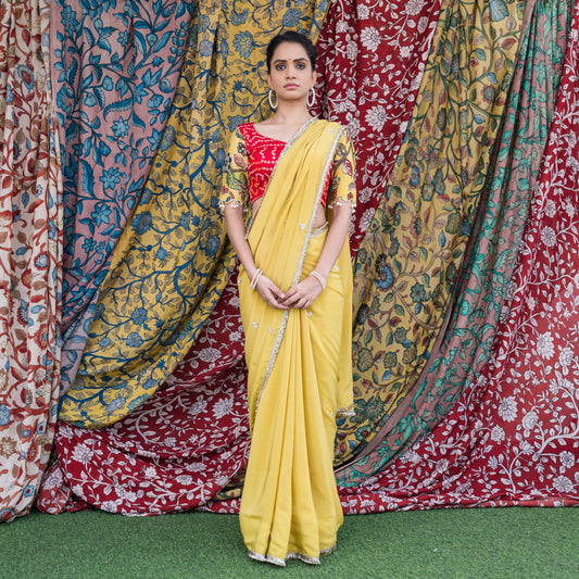 Yellow Crape Saree Set With Embroidered Floral Motifs