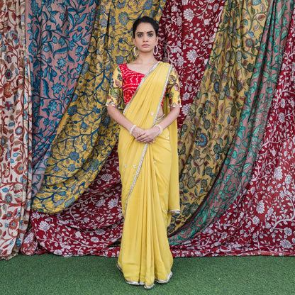 Yellow Crape Saree Set With Embroidered Floral Motifs