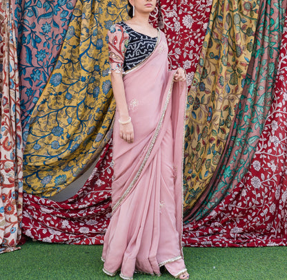 Sandrose-Pink Crape Saree Set With Embroidered Floral Motifs.