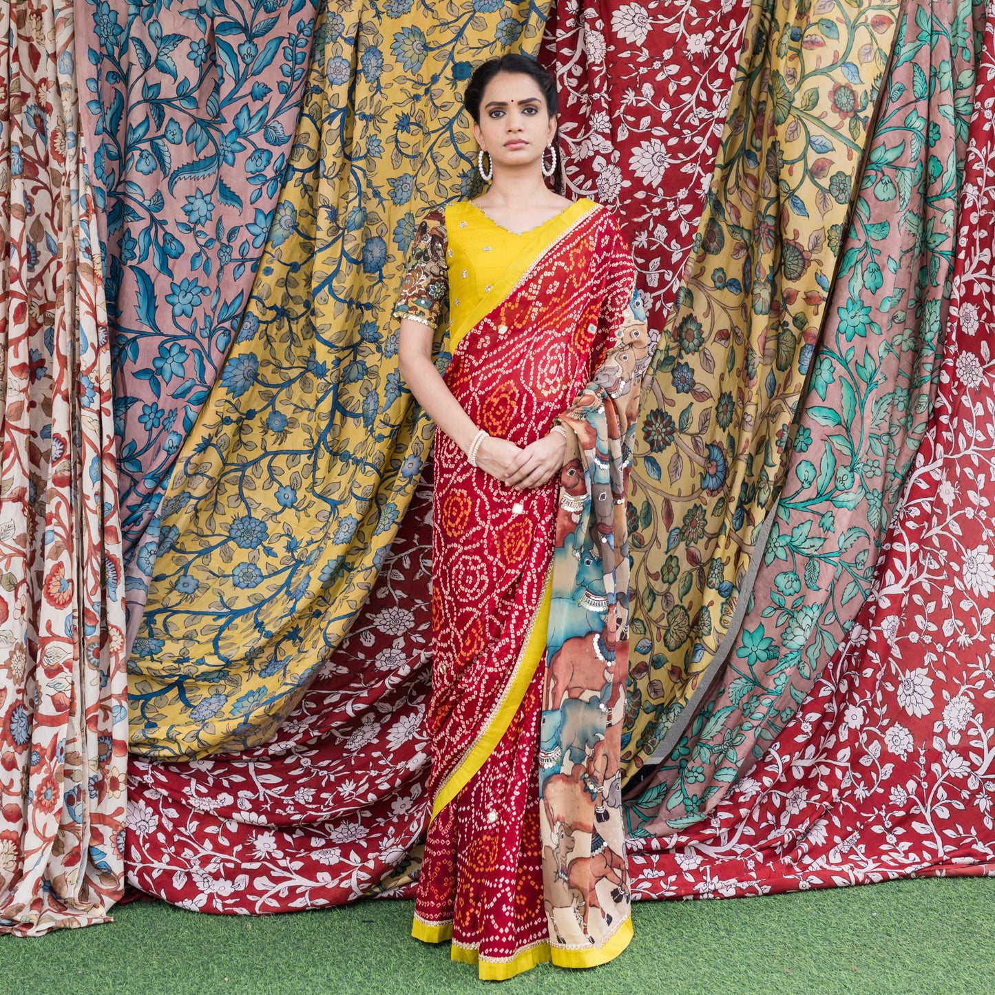 Red Bandhani With Pichwai Kalamkari Saree Set