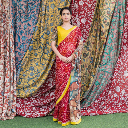 Red Bandhani With Pichwai Kalamkari Saree Set