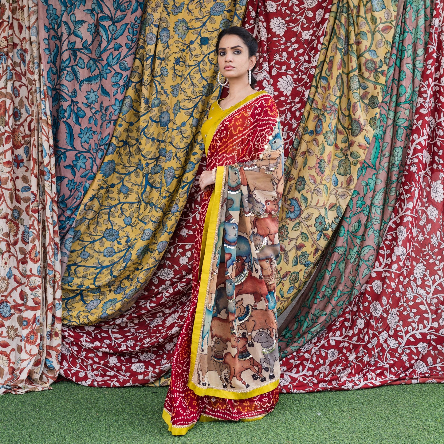 Red Bandhani With Pichwai Kalamkari Saree Set