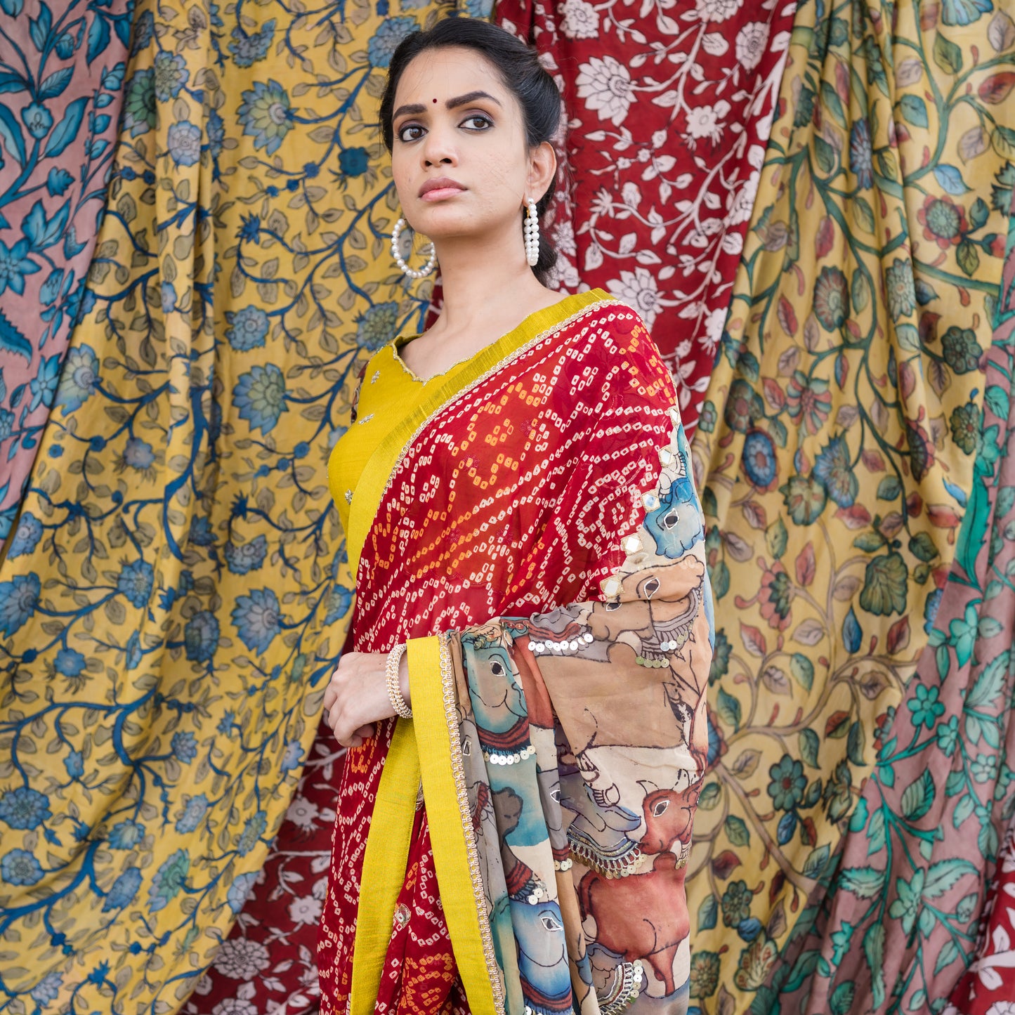 Red Bandhani With Pichwai Kalamkari Saree Set