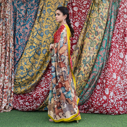 Red Bandhani With Pichwai Kalamkari Saree Set